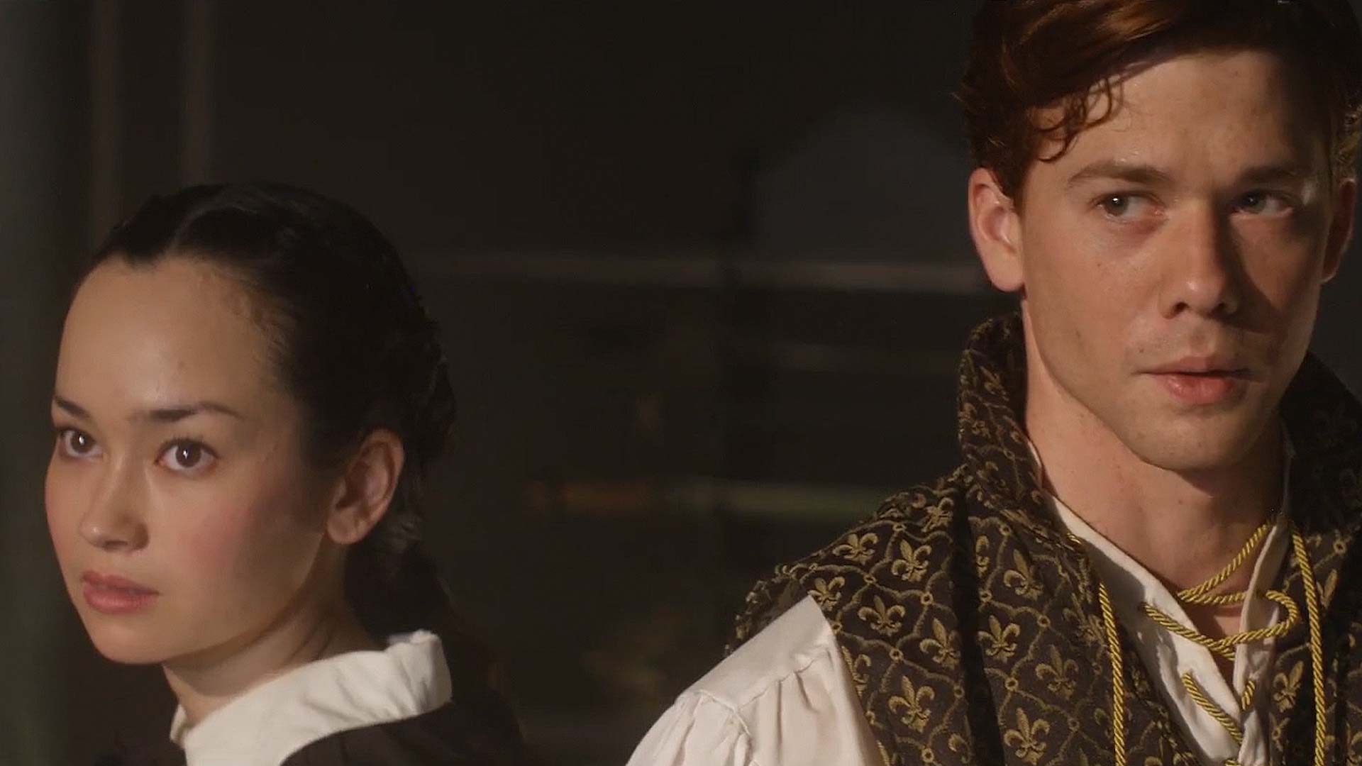 A production still from ENGENDERED TV Series showing a man and a woman in period costume