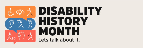 Disability History Month on black bakground with icons of characters