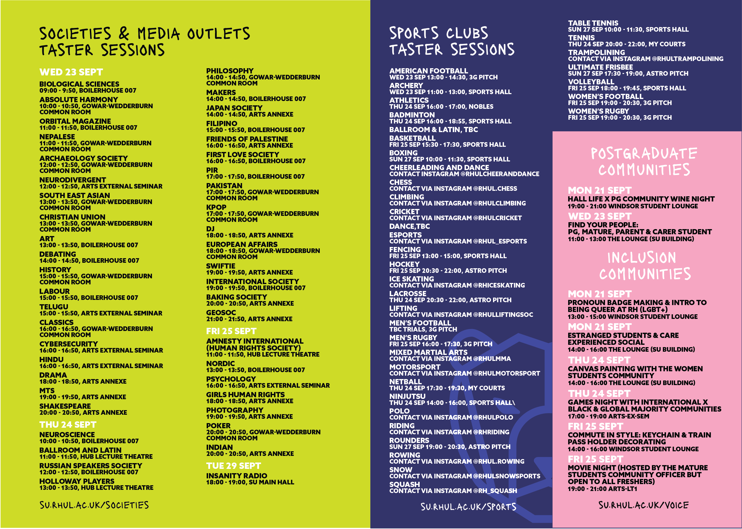 Taster sessions schedule for societies, media outlets, sports clubs, and postgraduate and inclusion communities, running Wednesday 23 to Tuesday 29 September