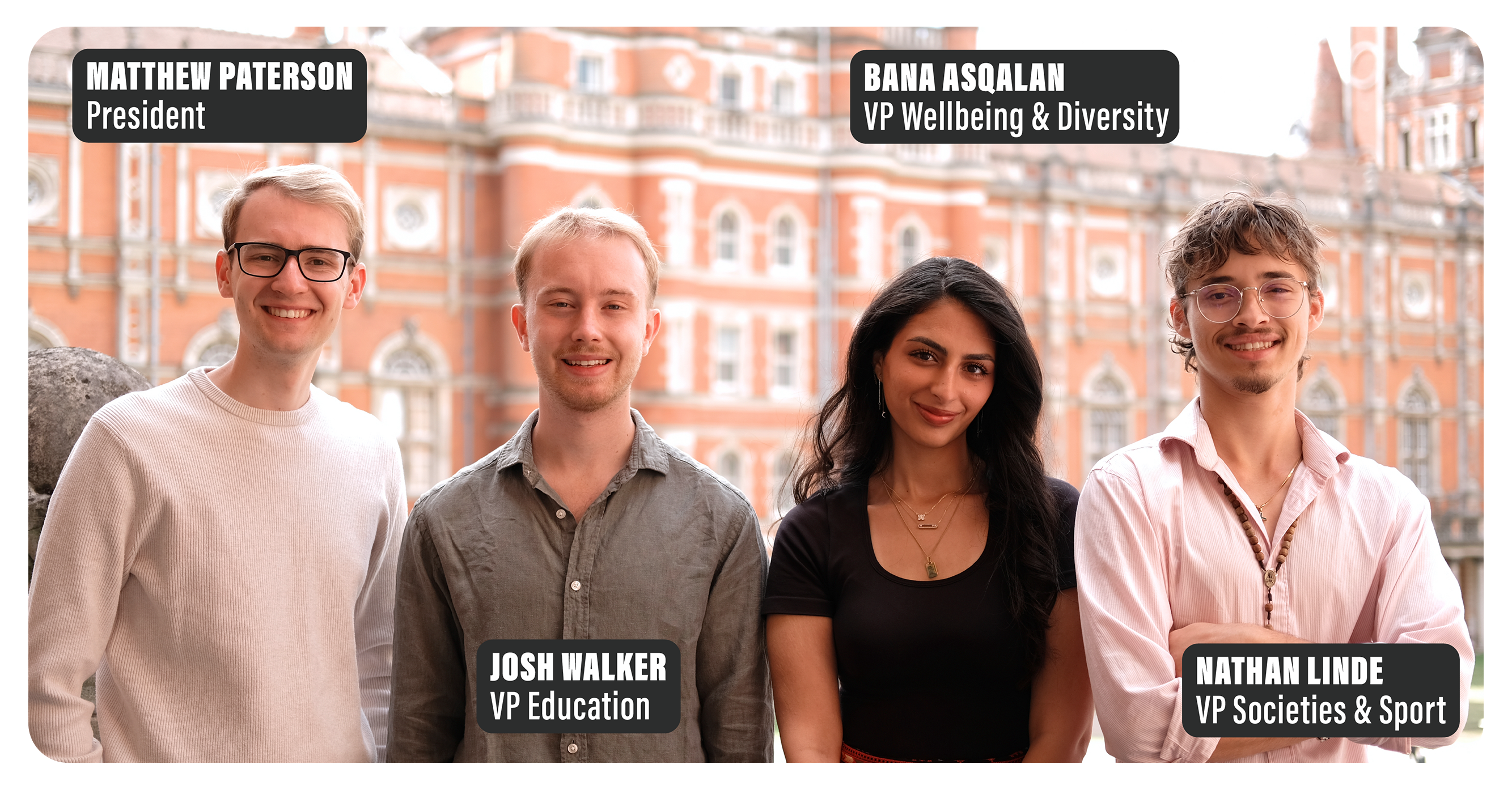 Matthew Paterson (President), Josh Walker (Vice President Education), Bana Asqalan (Vice President Wellbeing & Diversity), and Nathan Linde (Vice President Societies & Sport)